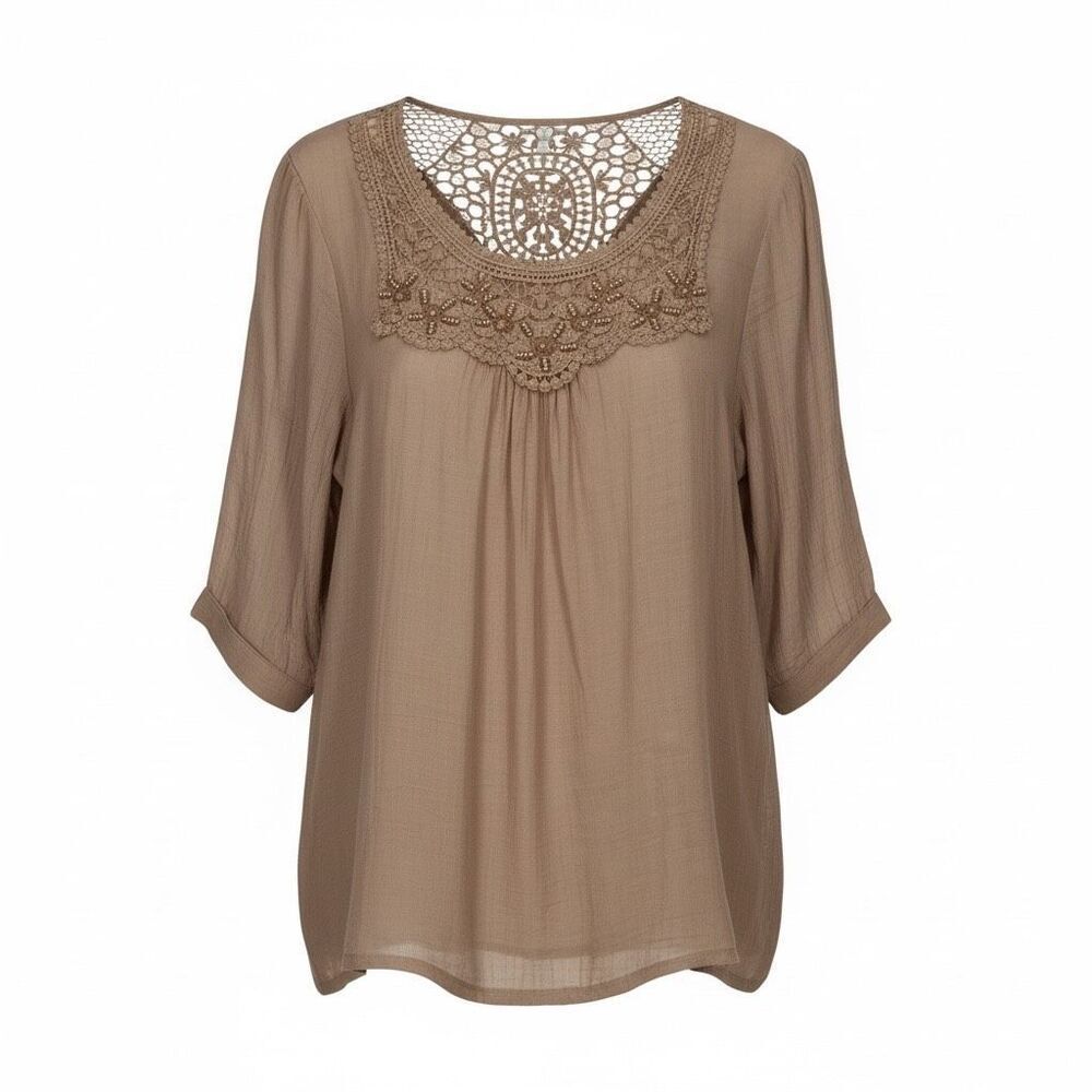 MAD STYLE Womens Boho Blouse Large Brown Crochet Lace Sheer Peasant Top Festival